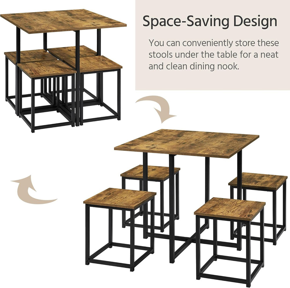 Industrial Dining Table Set for 4 Compact Kitchen Table and 4 Stools Space Savin