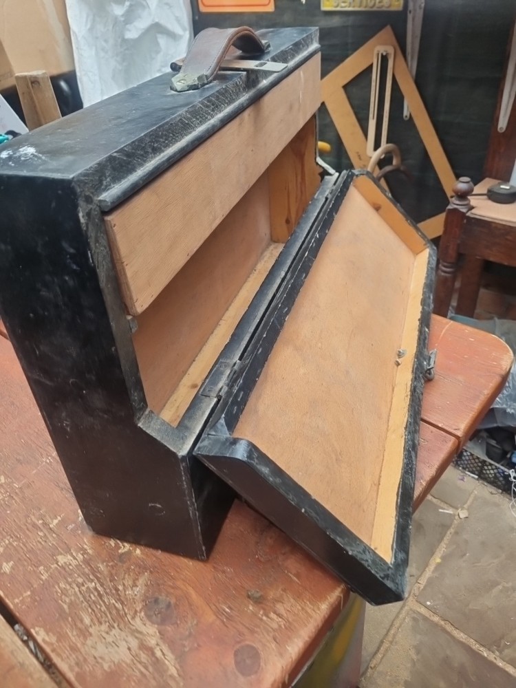 Wooden carpenters toolbox leather handle