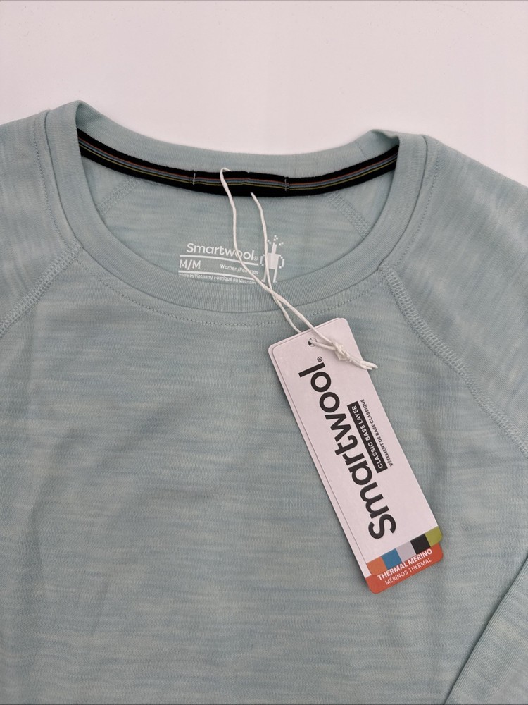 $115 Smartwool Women’s Merino Base Layer Crew Top-Bleached Aqua Heather -Medium