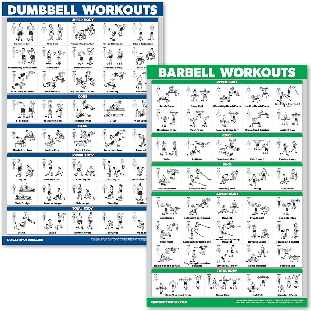 Dumbbell and Barbell Exercise Poster Set - Laminated 2 Chart Set