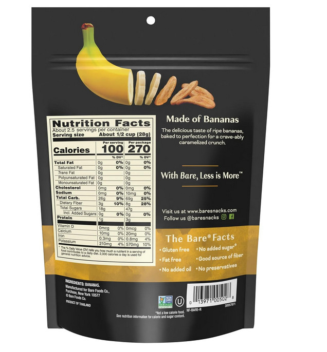 Bare Baked Crunchy Banana Chips 2.7 oz Bag