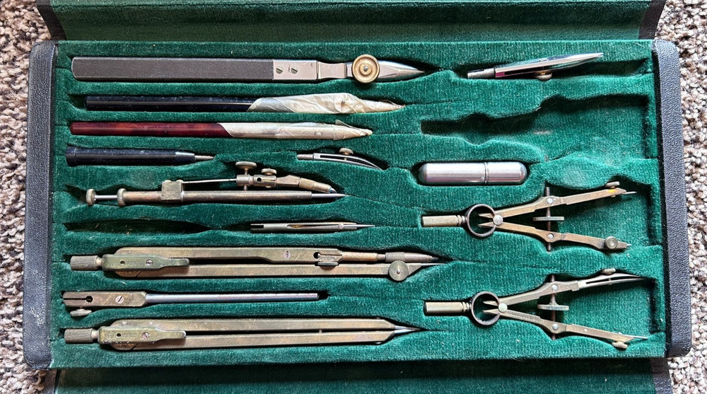 Vintage Drafting Tools Lot Triangles Templates Compass Slide Rule w/ Box