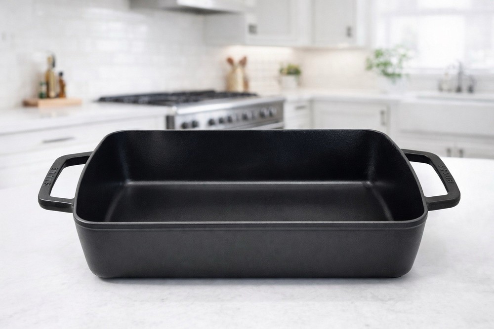 Staub Cast Iron Roasting Pan 15x10 Enamel Base Graphite Rectangular Roaster