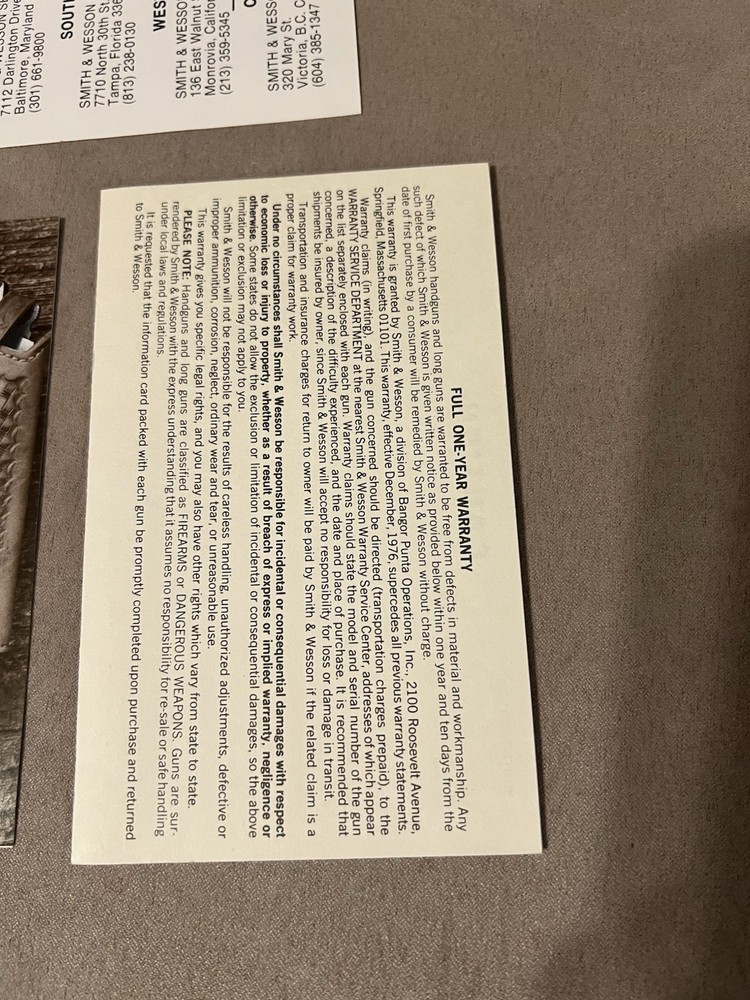 Factory Original Smith & Wesson J Frame Paperwork Set S&W - No Manual