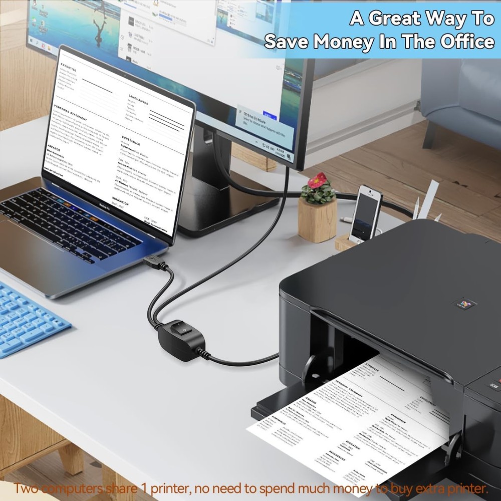 Herfair Printer Splitter for Two Computers USB A Bundled Cable, Black