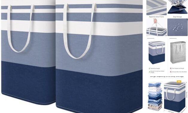 2-Pack Large Laundry Basket, Waterproof, Freestanding Laundry Hamper, 75L Blue