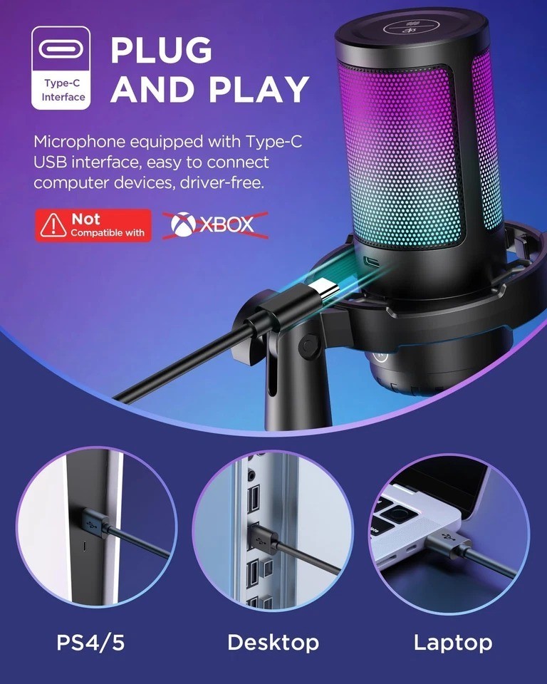 Gaming USB Microphone with Noise Cancellation for Streaming & PC