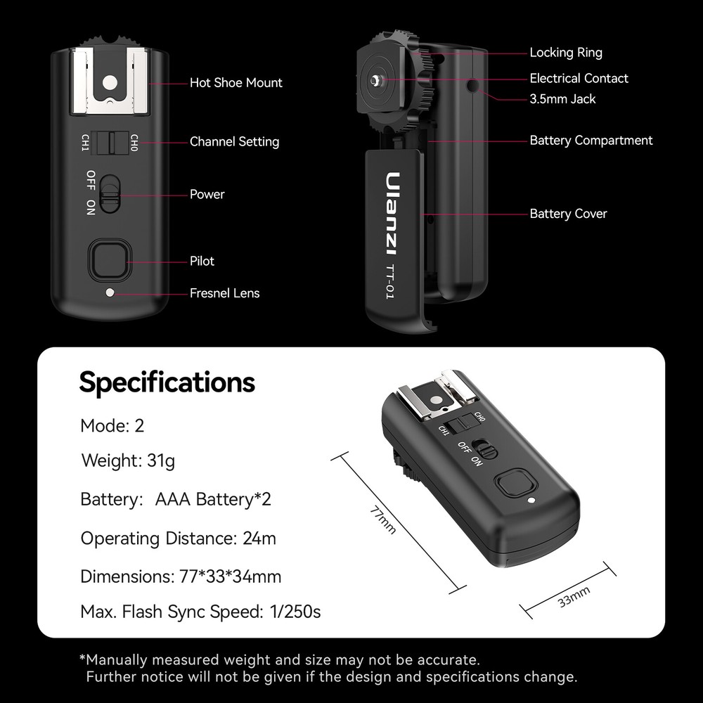 Ulanzi TT-01 Wireless Flash Trigger Dual Channel 24m Range for Camera