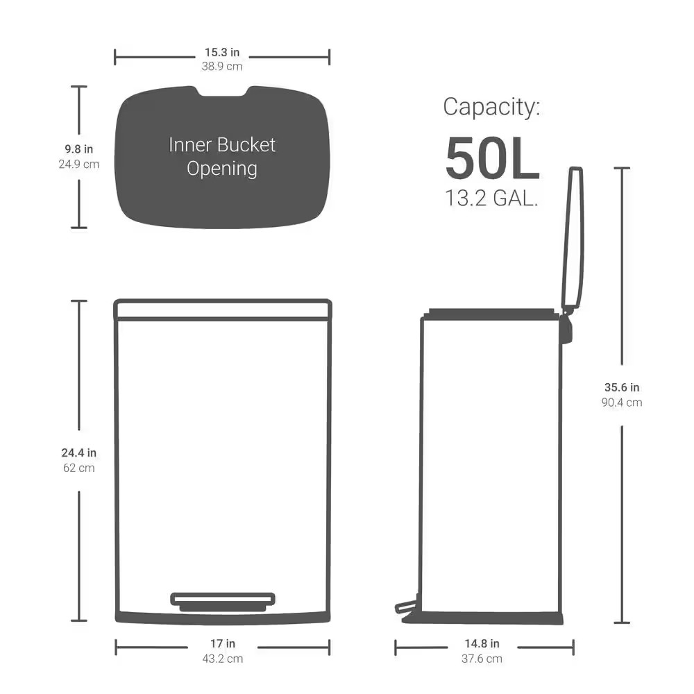 13 Gal. Stainless Steel Kitchen Trashcan, Step-On, Rectangle