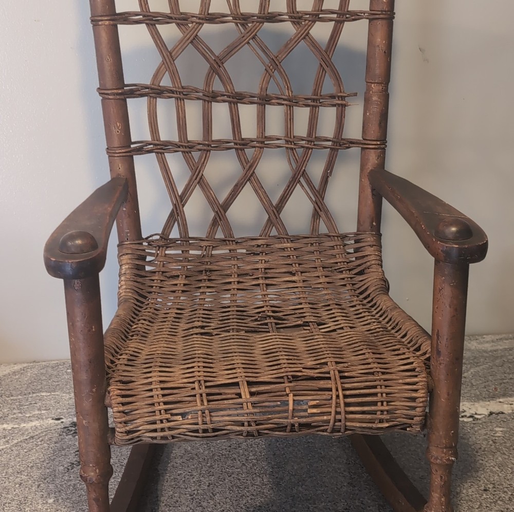 Antique Wooden Wicker Rocking Chair with Arms, Brown, Indoor, Solid Pattern