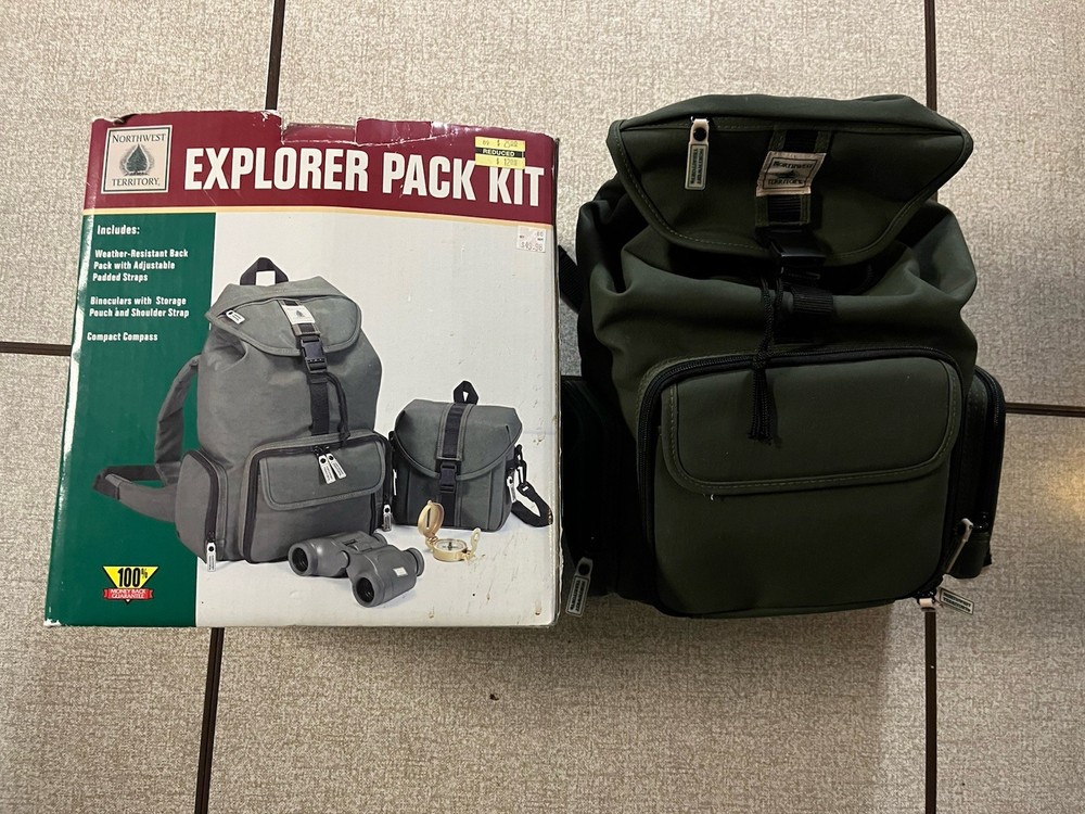Vntg Northwest Territory Explorer Pack Kit Box Binoculars Compass Backpack Set