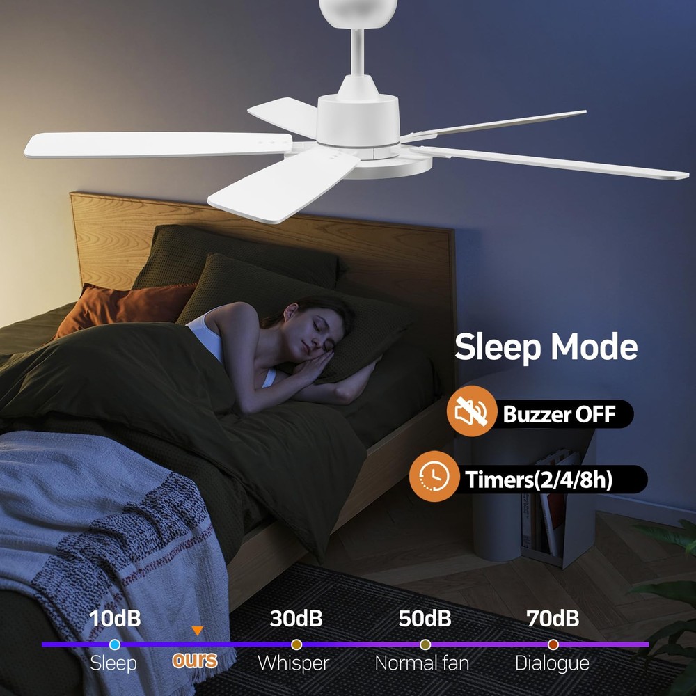 52 Inch White Ceiling Fans with Lights Led Remote Control Flush Mount Low Pro...