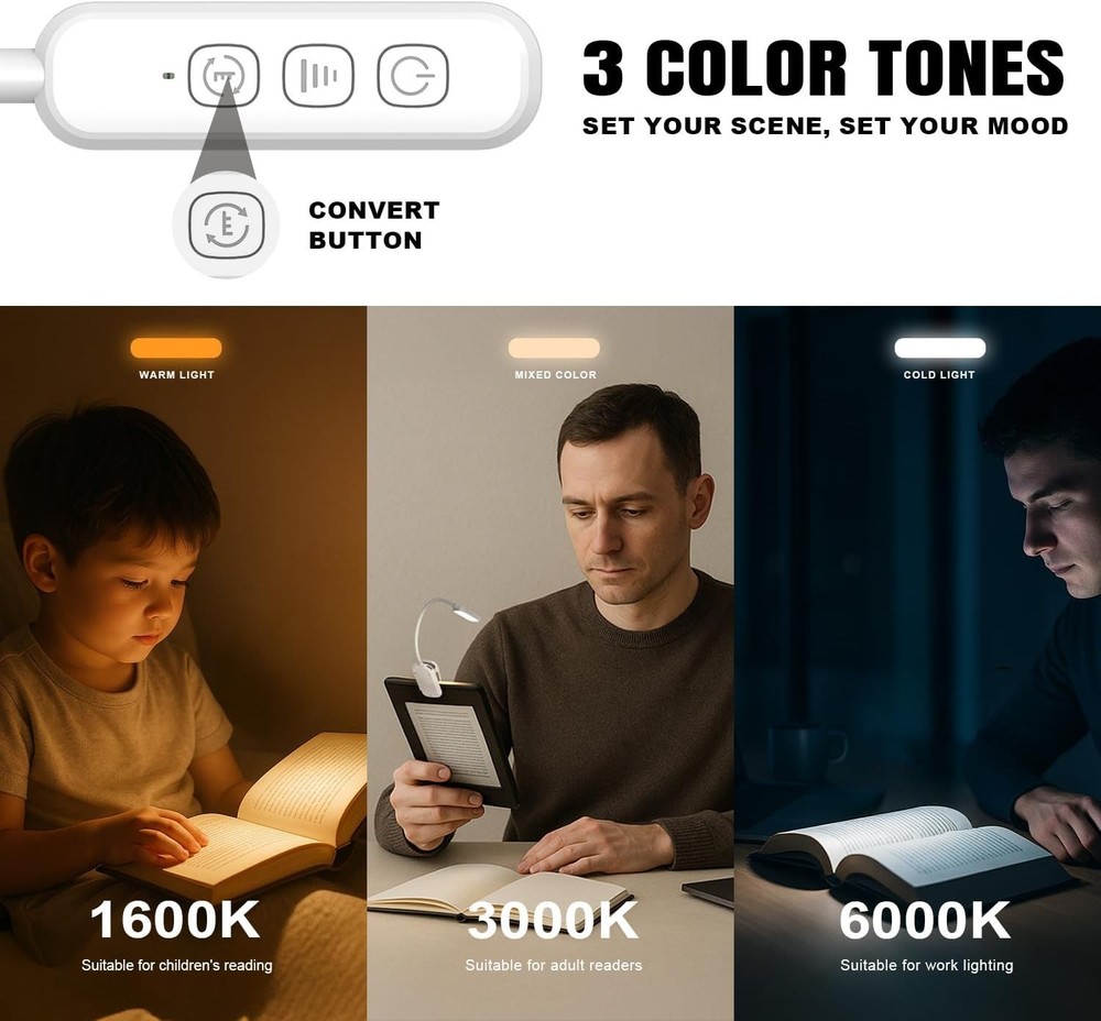 Flexible Rechargeable Book Light - Lightweight, 15-Level Dimming & Portable