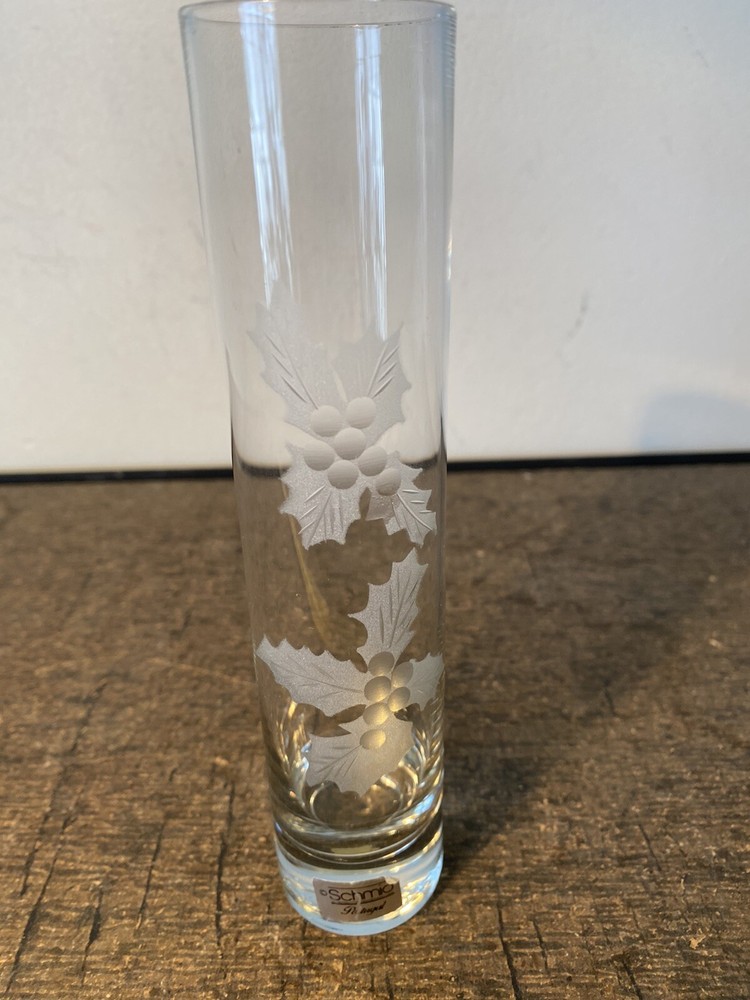 Schmid Hand Blown 7" Etched Holly Leaf & Berry Bud Vase