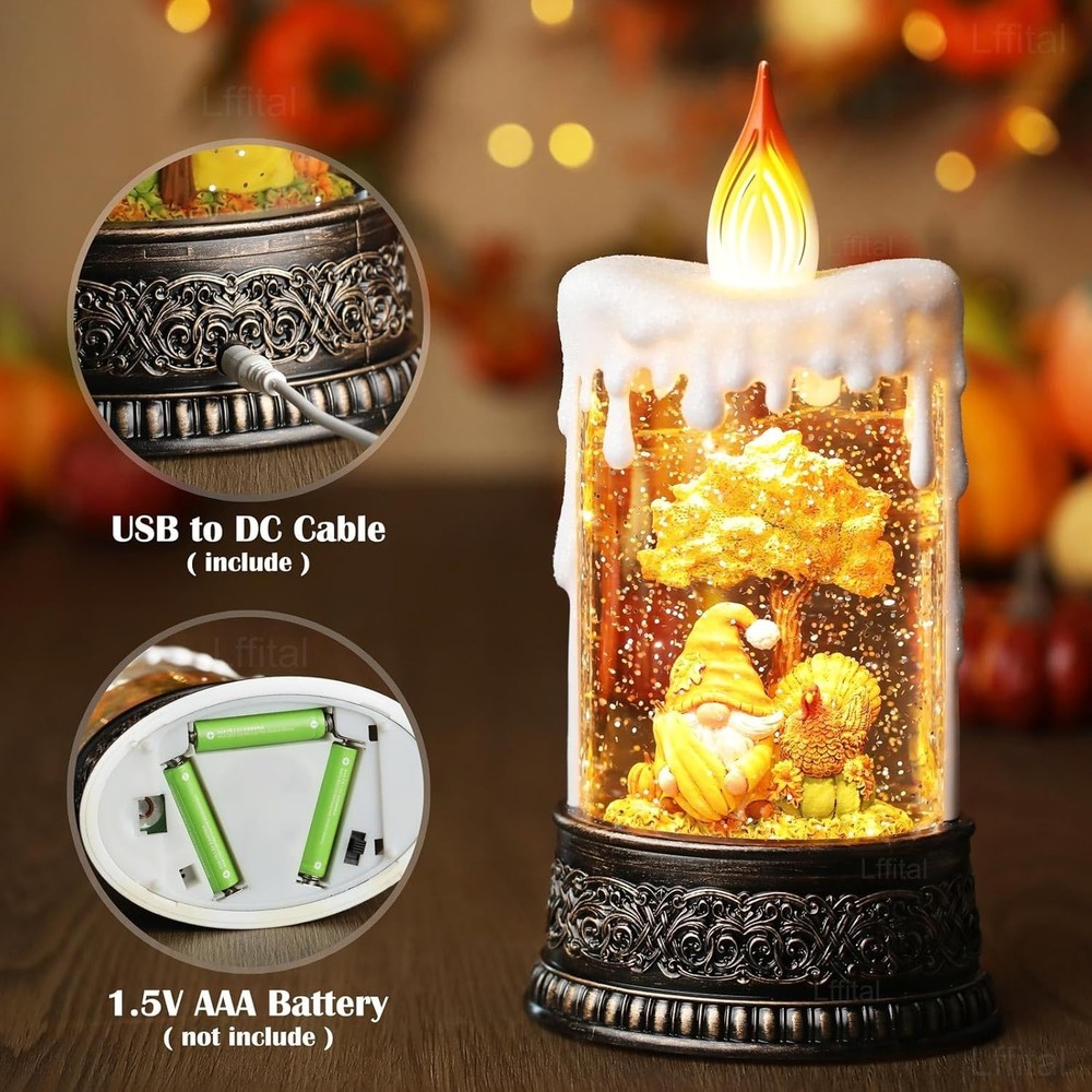 Fall Snow Globe Lantern Fall Decor Candle Shape with Gnome and Turkey, Lighte...