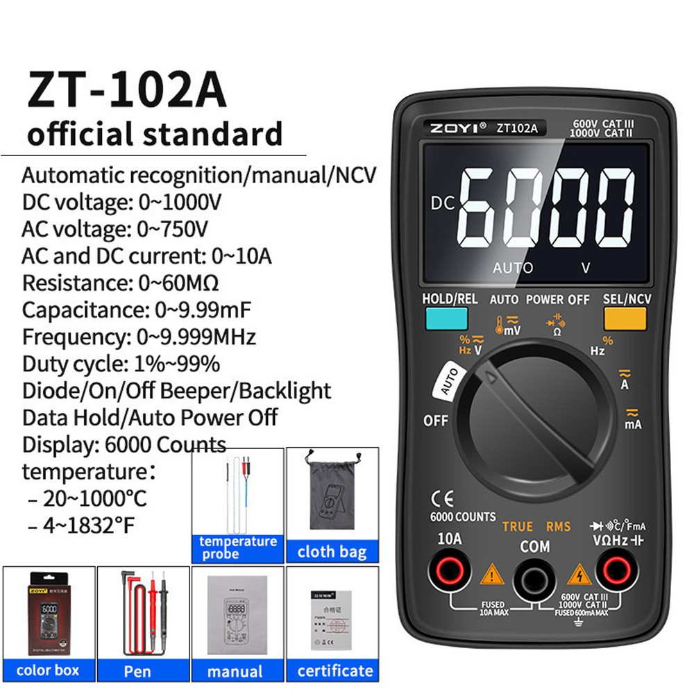 Auto Range TRMS 6000 Counts Voltmeter Ohm Meter Tester Digital Multimeter Tester