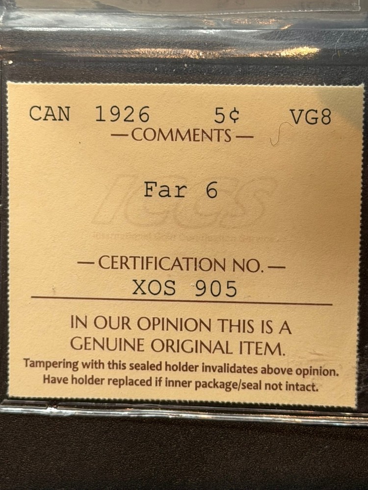 1926 Canada 5 cent Graded ICCS VG-8