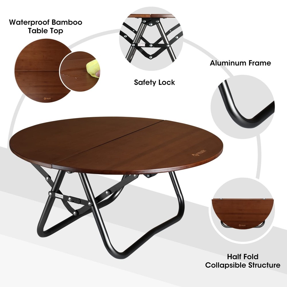 Bamboo Round Folding Table, Camping Half-fold Portable Table with Carrying Ba...