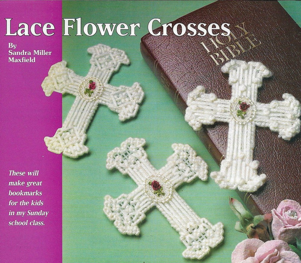 3 LACE FLOWER CROSSES HOME DECOR PLASTIC CANVAS PATTERN INSTRUCTIONS