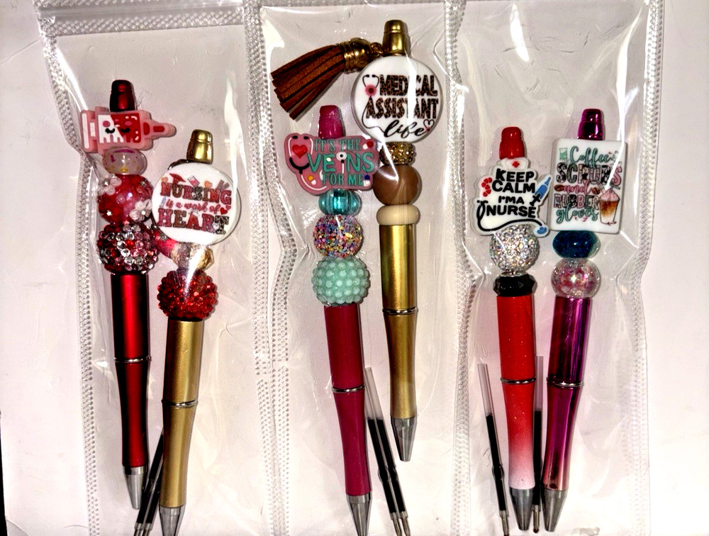 6 miscellaneous beaded pens with 1 ink refill each- nurse theme