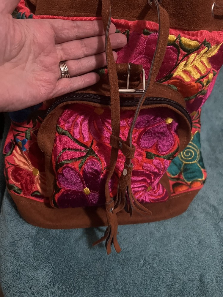 Vtg Suede Embroidered Backpack Floral Guatemala