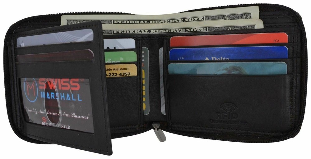 Men's Zipper RFID Blocking Premium Leather Zip-Around ID Bifold Wallet