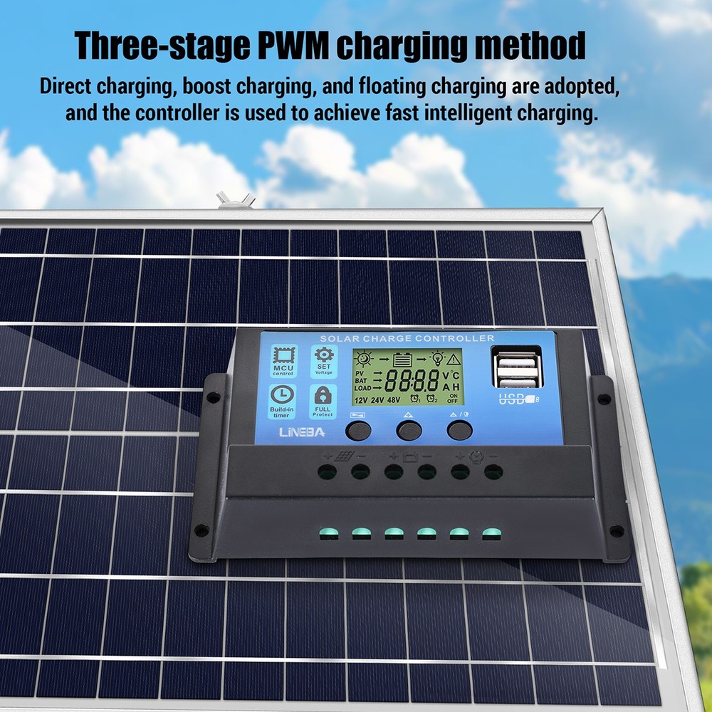 30A Solar Panel Battery Charge Controller 12V/24V LCD Regulator Auto Dual USB