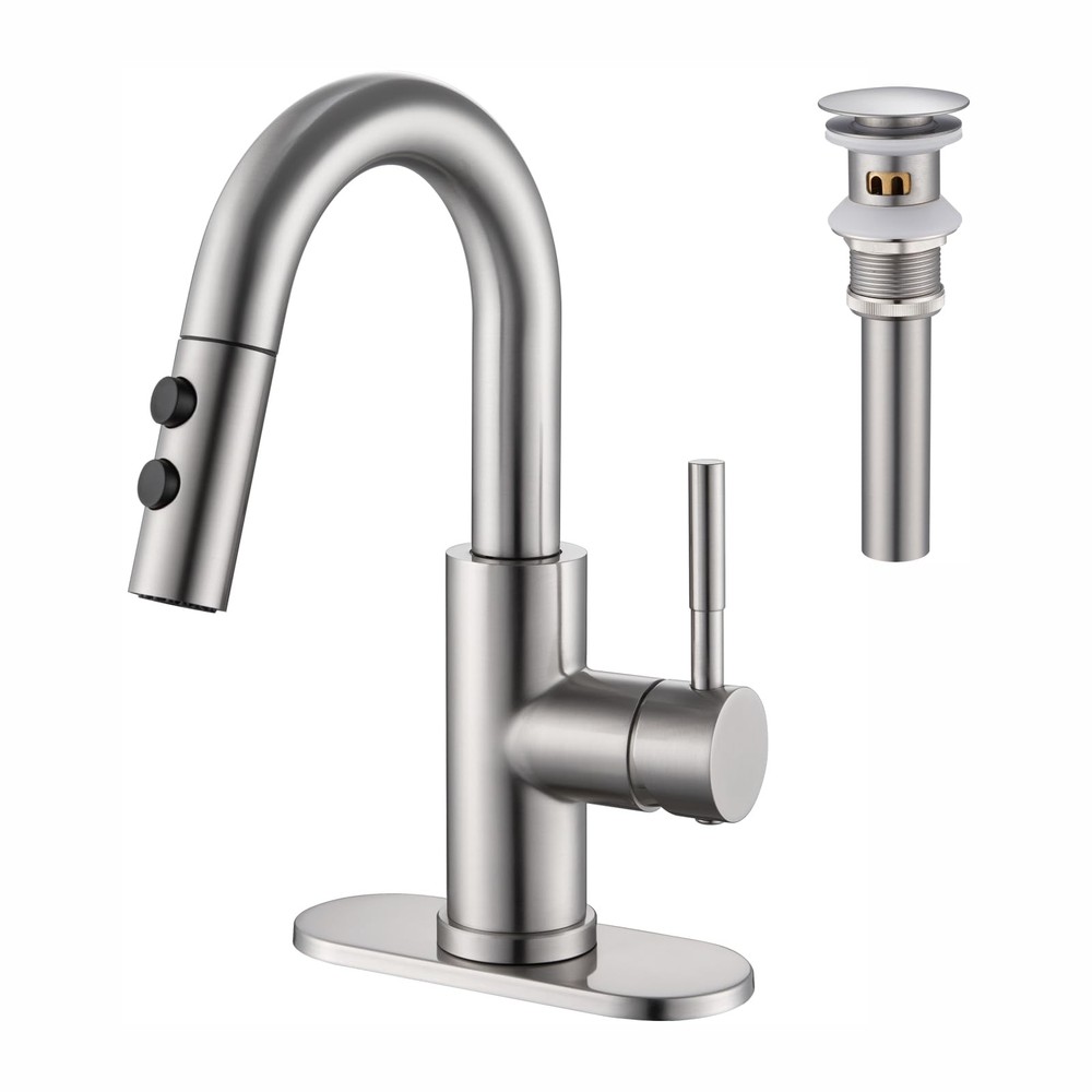 Bathroom Sink Faucet with Pull Down Sprayer, Brushed Nickel Single Handle Pul...