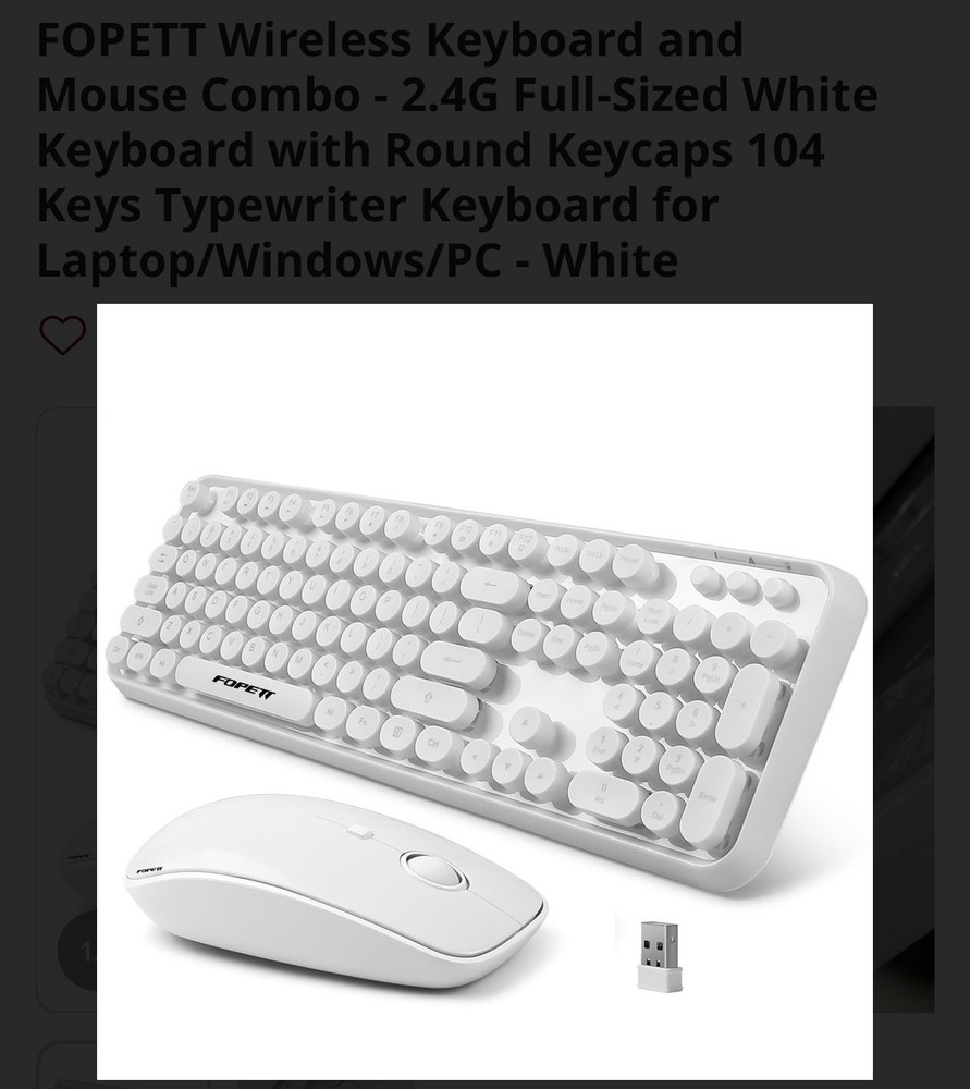 FOPETT Wireless USB Keyboard Mouse Combo Plug & Play Round Keycaps White
