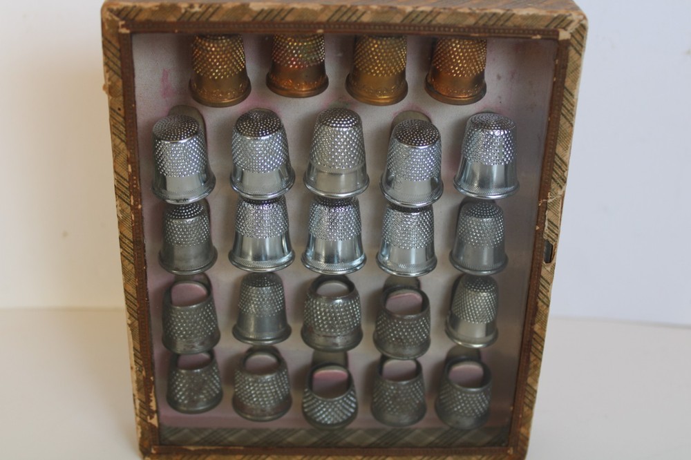 Antique (24) Metal Sewing Thimble Display Set w/ Case