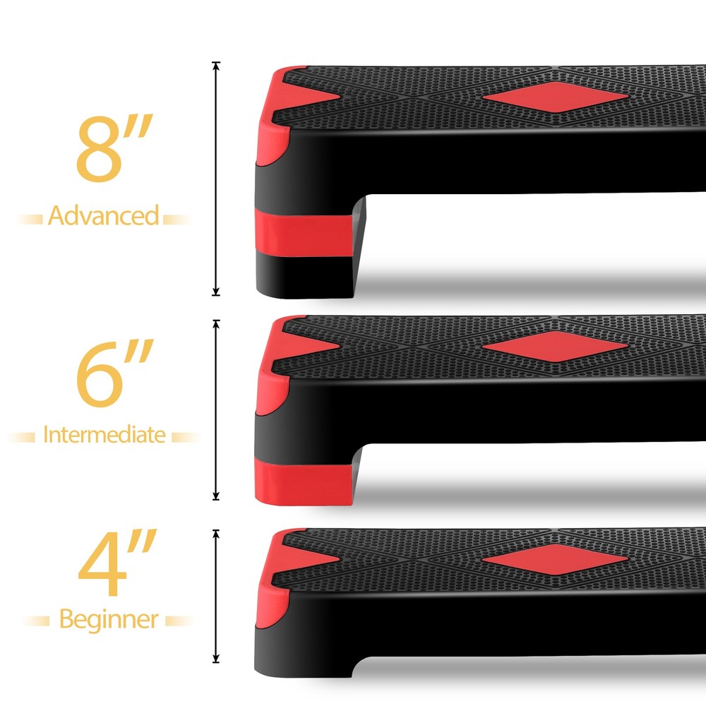 Aerobic Step Platform Exercise Step Adjustable Height 4"-6''-8' w/4 Risers Red