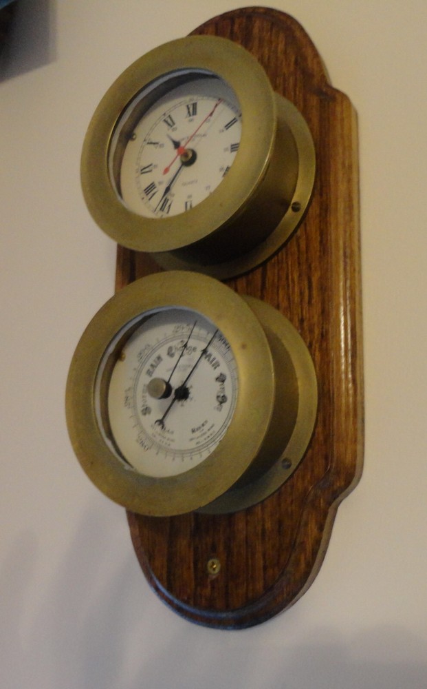 Brass Barometer & Ship's Clock on Wood Emory & Douglas Co.