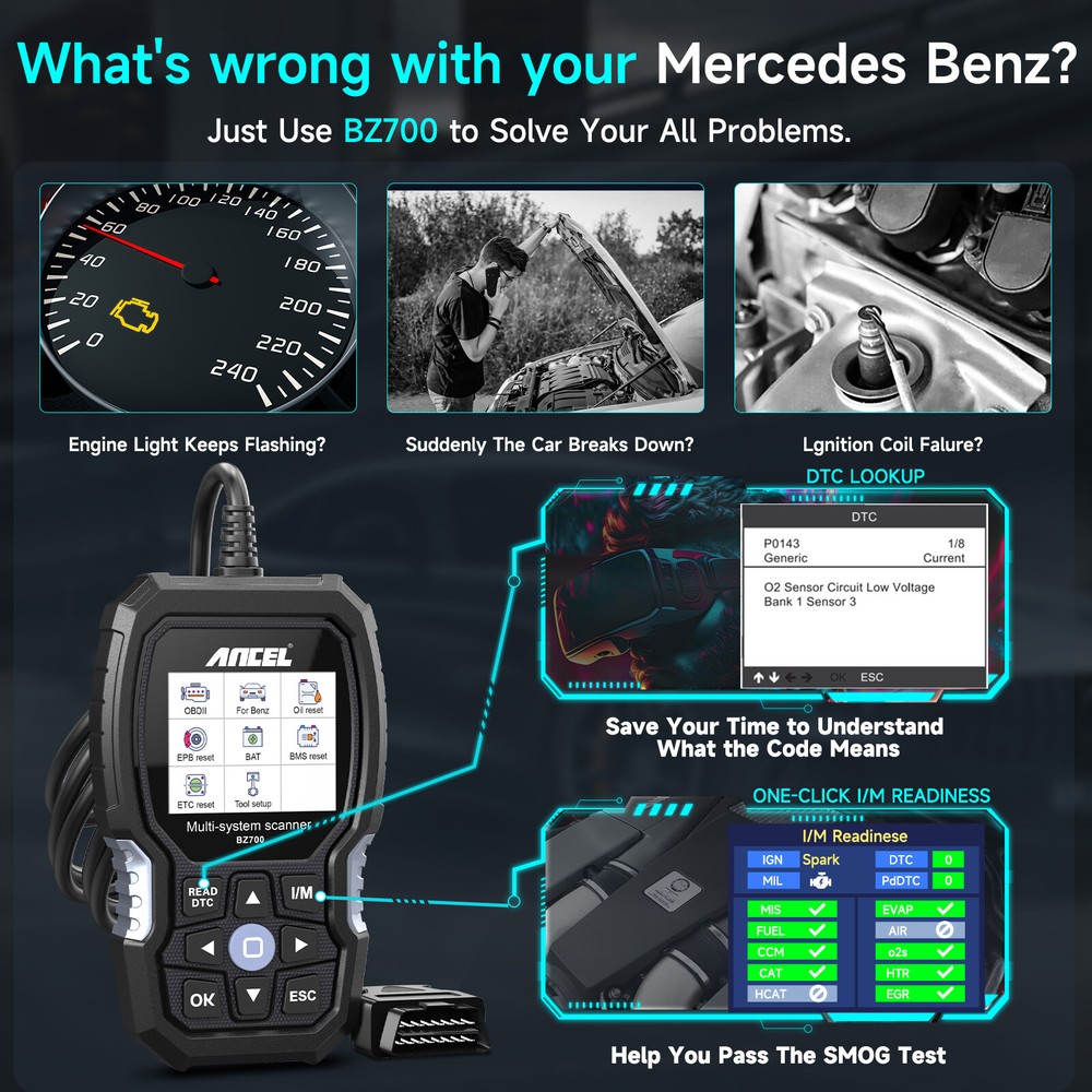 ANCEL BZ700 OBD2 Scanner All System Diagnostic For Mercedes Benz Car Code Reader