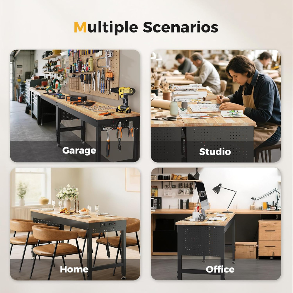 60" Adjustable Heavy Duty Workbench, 2000 LBS Load Capacity Rubber Wood Work Tab