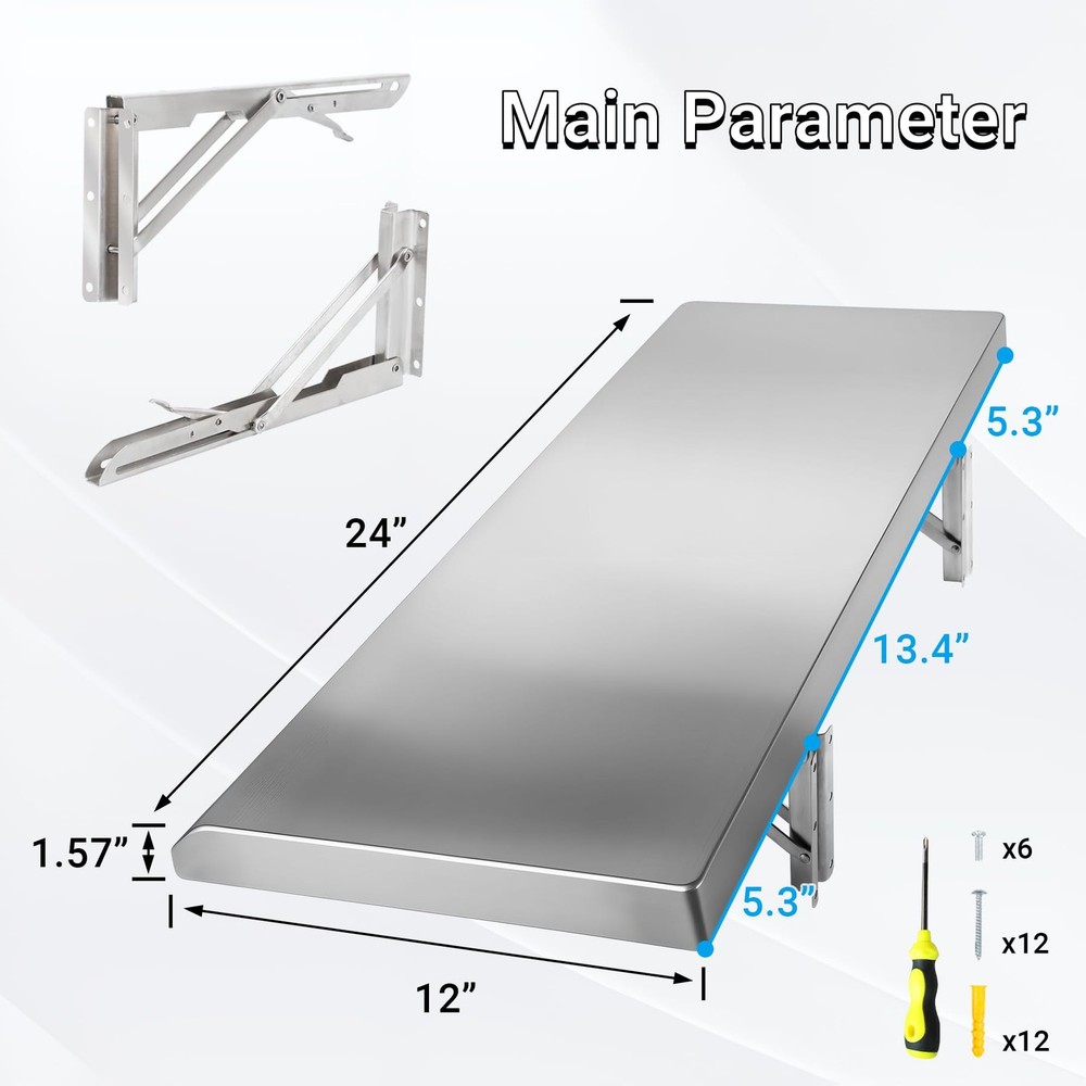 Folding Concession Shelf 24" x 12", Stainless Steel Drop Down Folding Serving...
