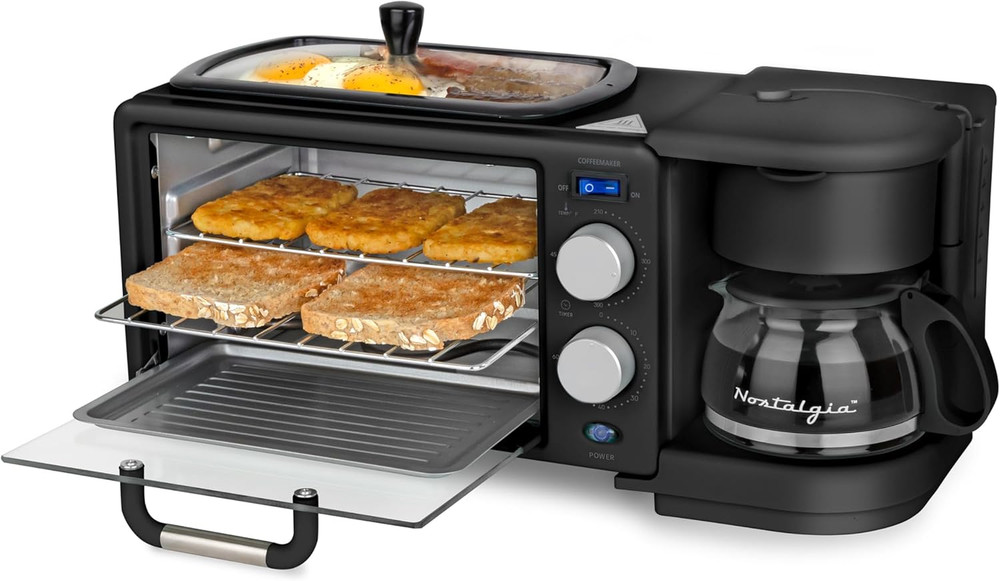 3-In-1 Retro Breakfast Station - Includes 5 Cup Coffee Maker, Non-Stick Ceramic