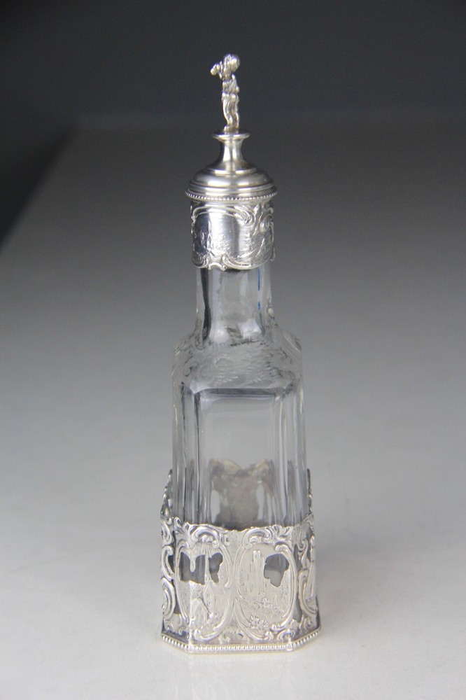 Antique Germany 800 Silver Mounted Engraved Glass Liqueur Decanter