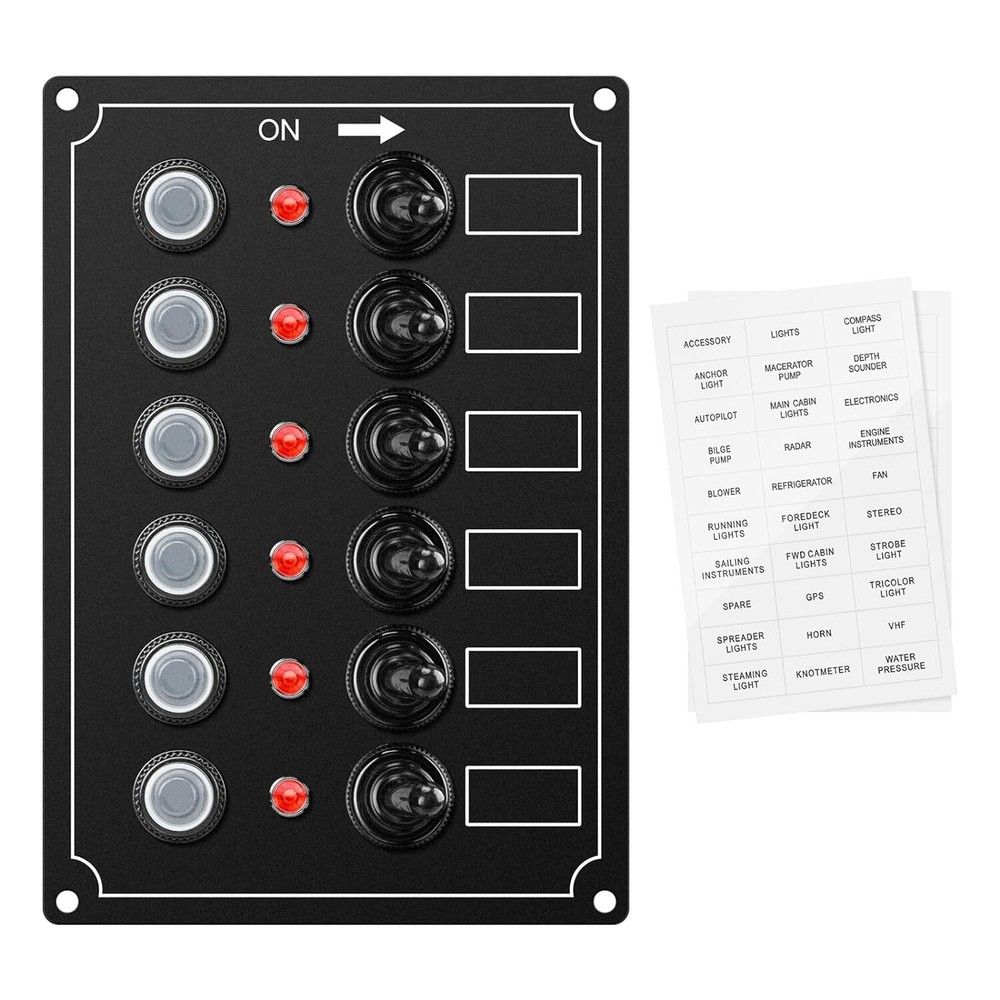 Marine Switch Panel, 6 Gang Boat Electrical Panel with Breaker, IP67 Waterpro...