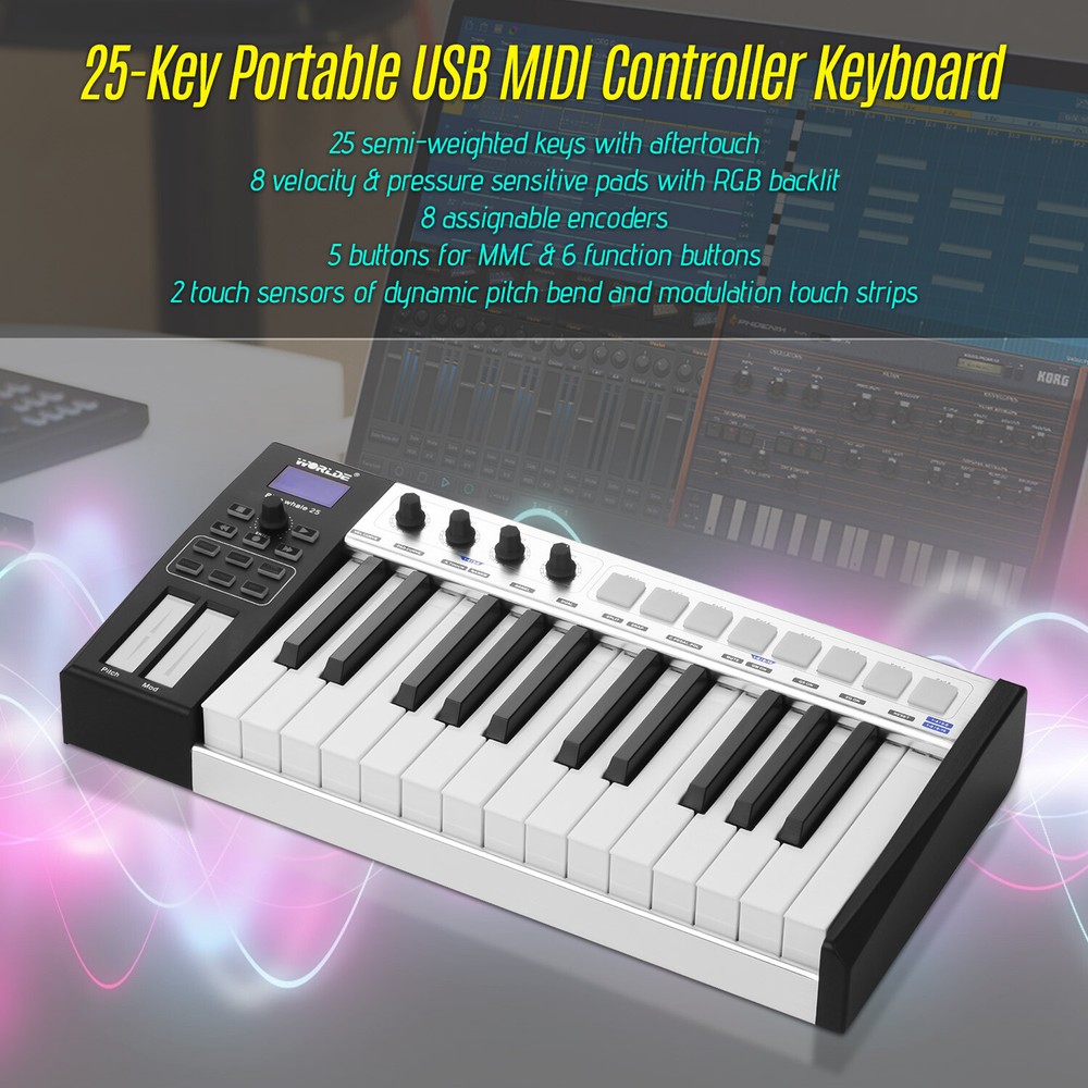 WORLDE Blue whale 25 key USB MIDI Controller Keyboard Trigger Pads w/ USB Cable