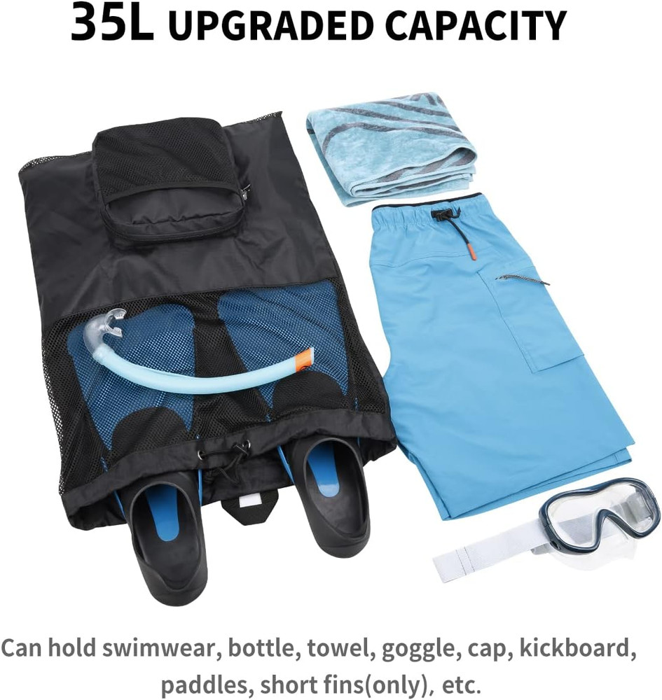 Packable Mesh Swim Drawstring Backpack, 35L Capacity, Lightweight Swim Bag