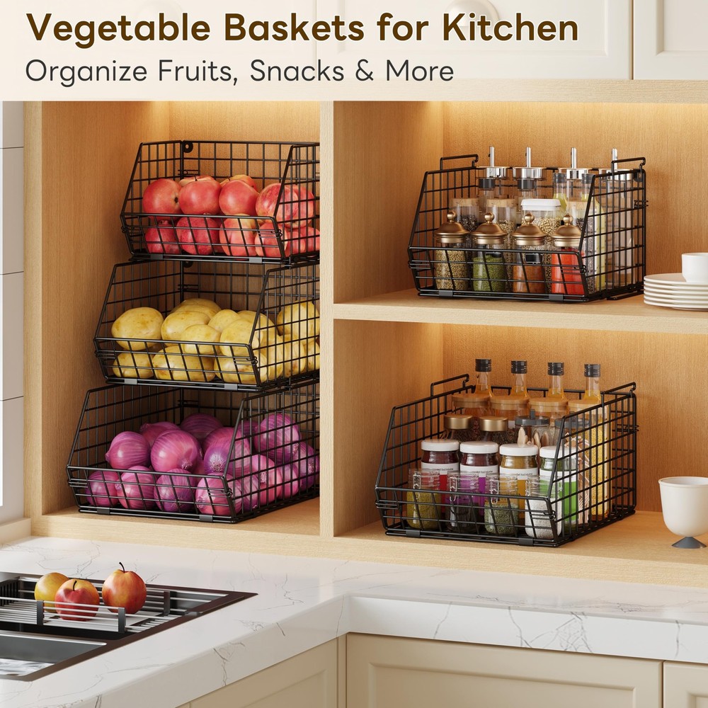 3-Tier Stackable Wire Baskets for Counter, Fruit and Vegetable Storage, Potat...