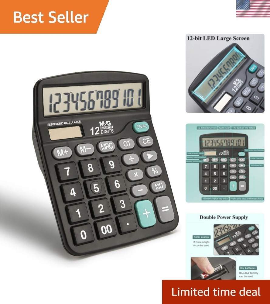Stylish 12 Digit LCD Calculator - Solar & Battery with Comfortable Key Input