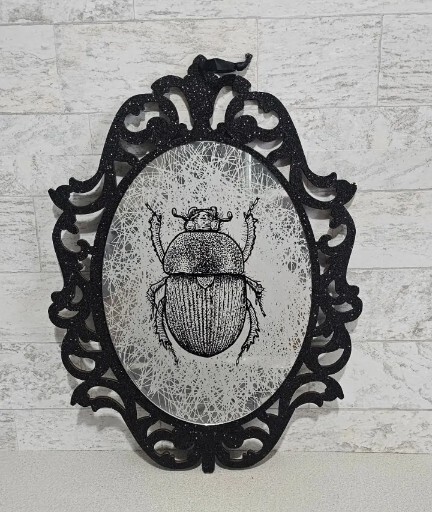 Black Glitter Framed Mirrored Glass Beetle Wall Decor Halloween