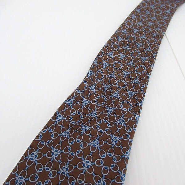 HERMES Tie Brown Silk Allover Pattern Geometric Pattern Made in France