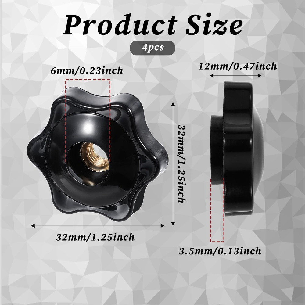 4 PCS 6 Star Knobs, Black Nylon Screw-On Type Thru Threaded Knob Nuts, M6 Hex...
