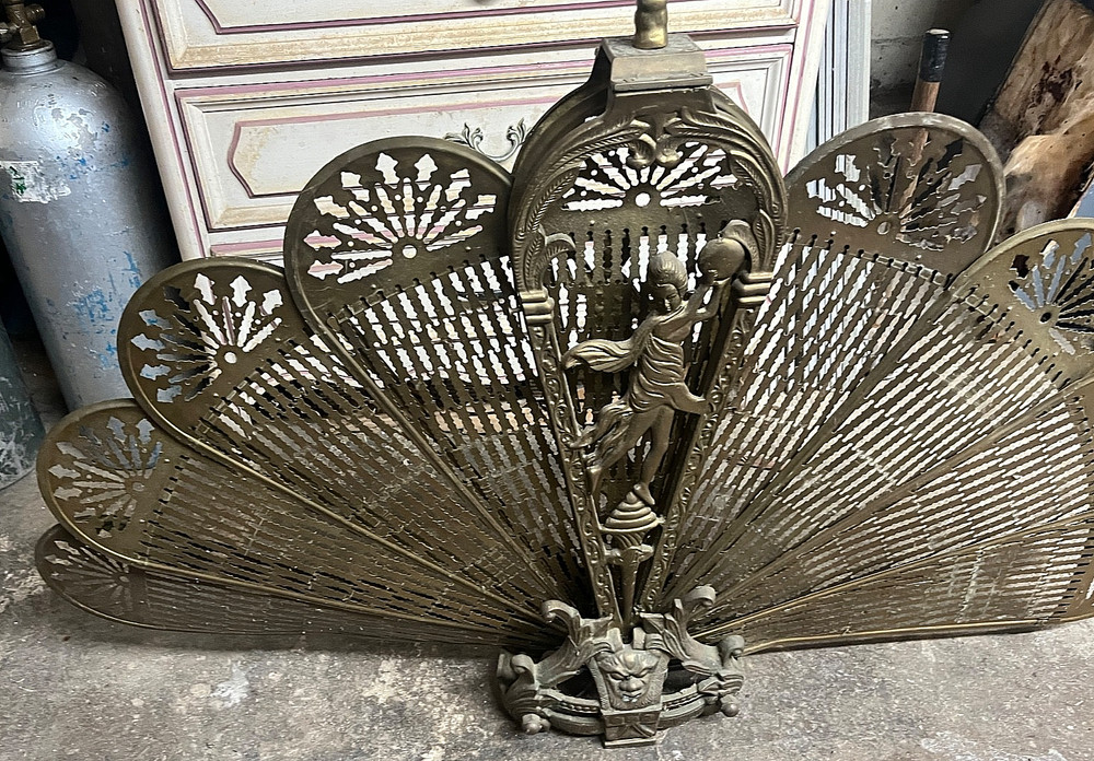Antique embossed copper fireplace screen elephants,tools, Peacock