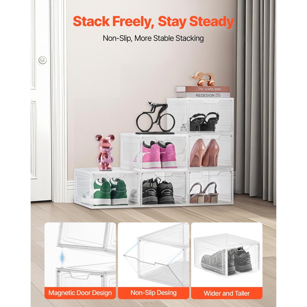Shoe Storage Boxes 6 Pack Stackable Shoe Boxes US Size 13 Transparent White