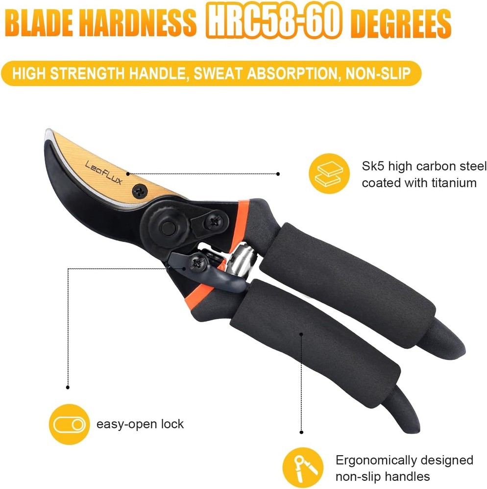 Pruning Shears, Professional SK5 Quality Durable Titanium Plated Black
