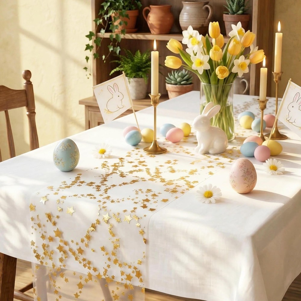 Gold Table Runner Easter Table Decorations, 16 Ft Golden Star Sheer Chiffon T...
