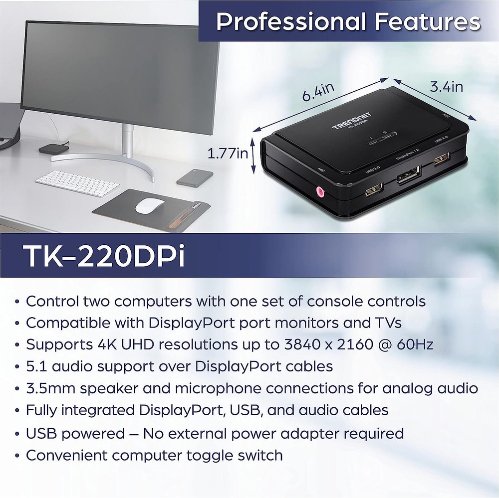 TRENDnet TK-220DPi, 2-Port 4K DisplayPort KVM Switch